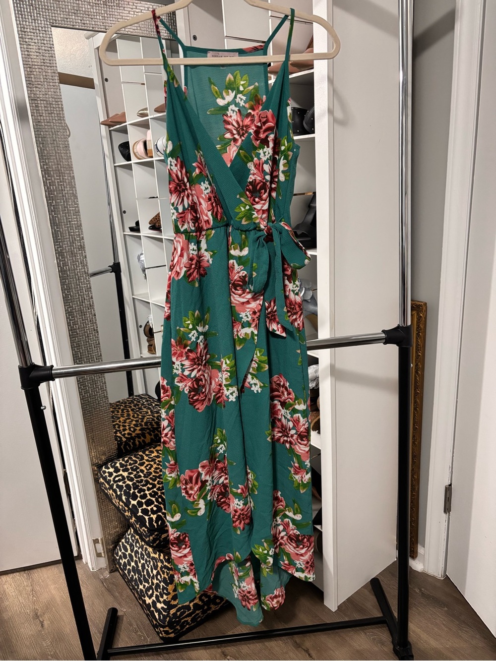 Floral Wrap Maxi Dress in Teal with Pink Blooms